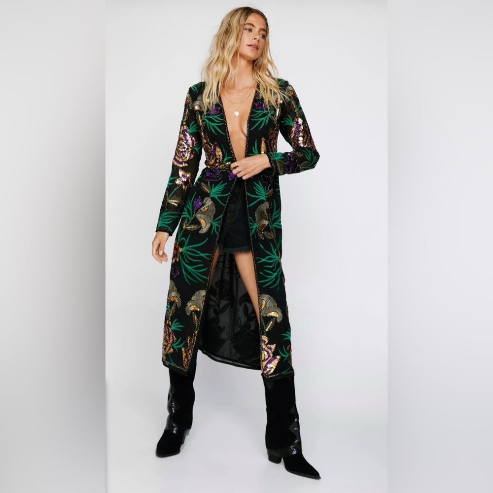 Embellished Floral Design Longline Kimono, size S